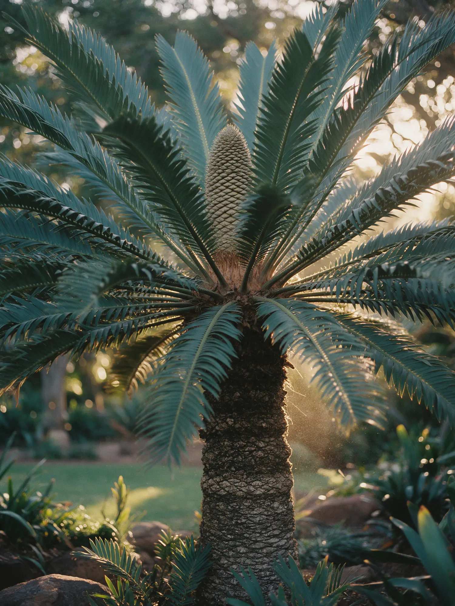 A mature cycad with blue-green fronds and a cone at its centre