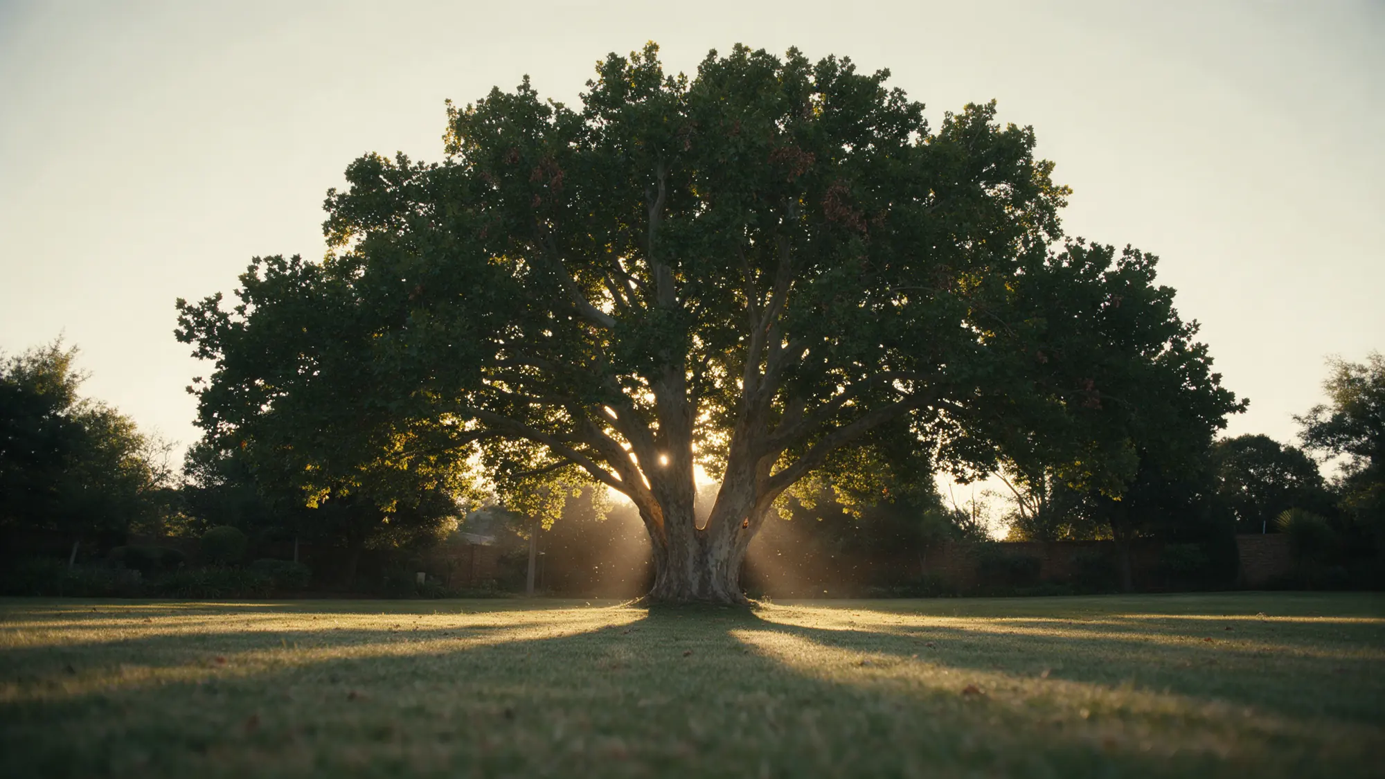 A mature plane tree on a lawn in late afternoon light