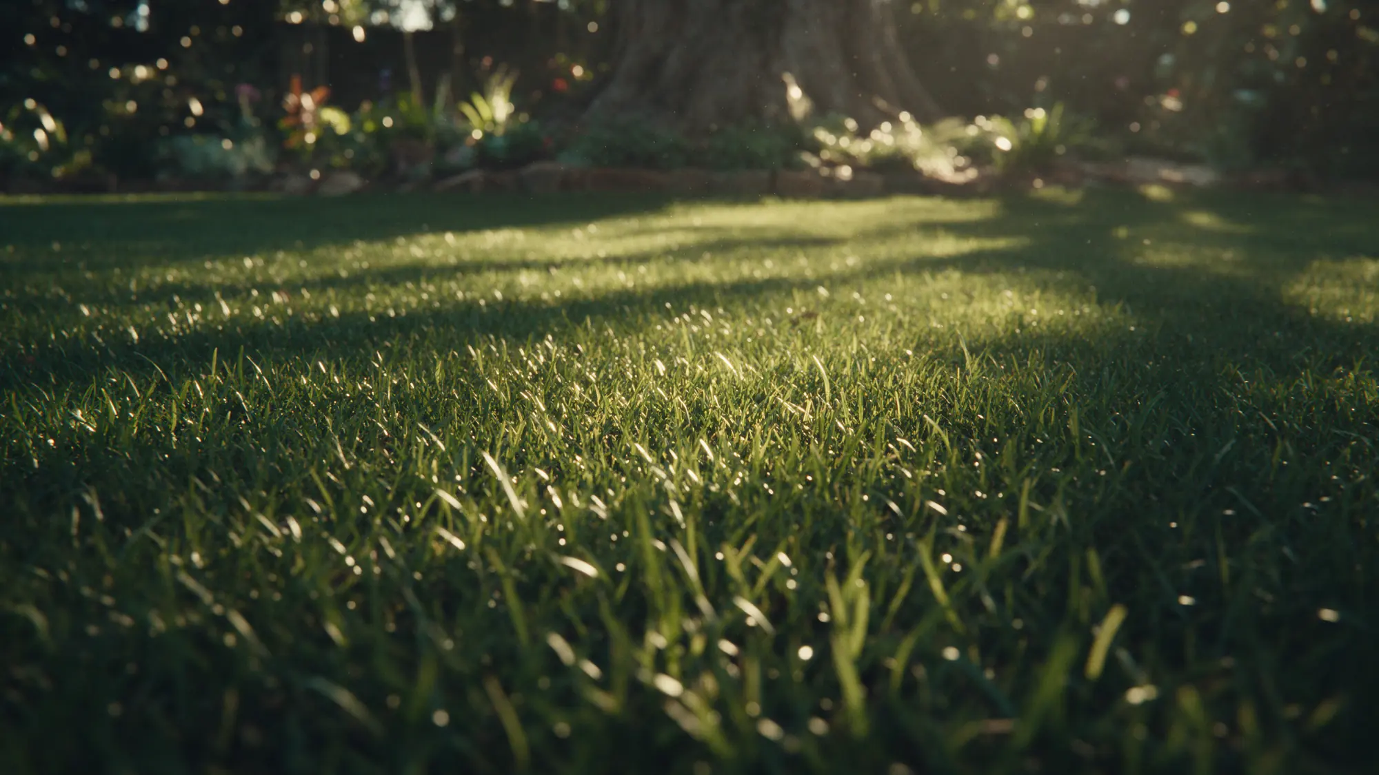 A dense green lawn in late afternoon light