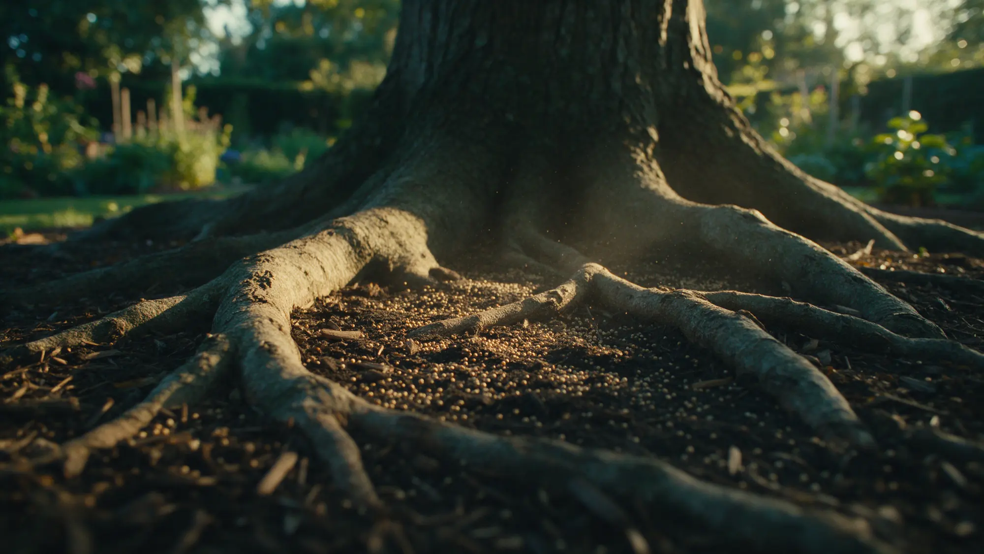 Surface roots of a mature tree in a mulched bed with fertiliser granules