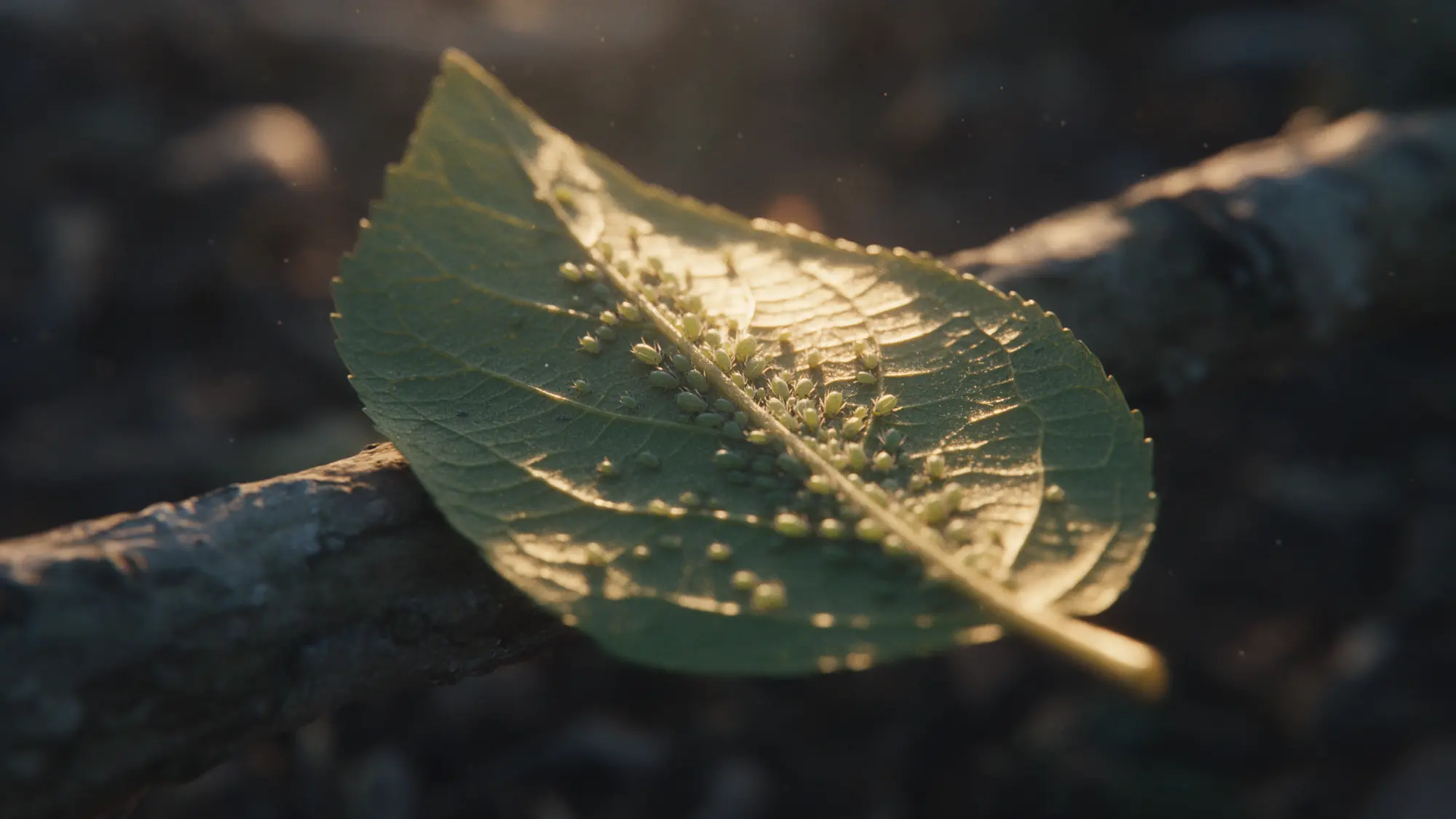 Aphids crowded along the midrib of a backlit leaf