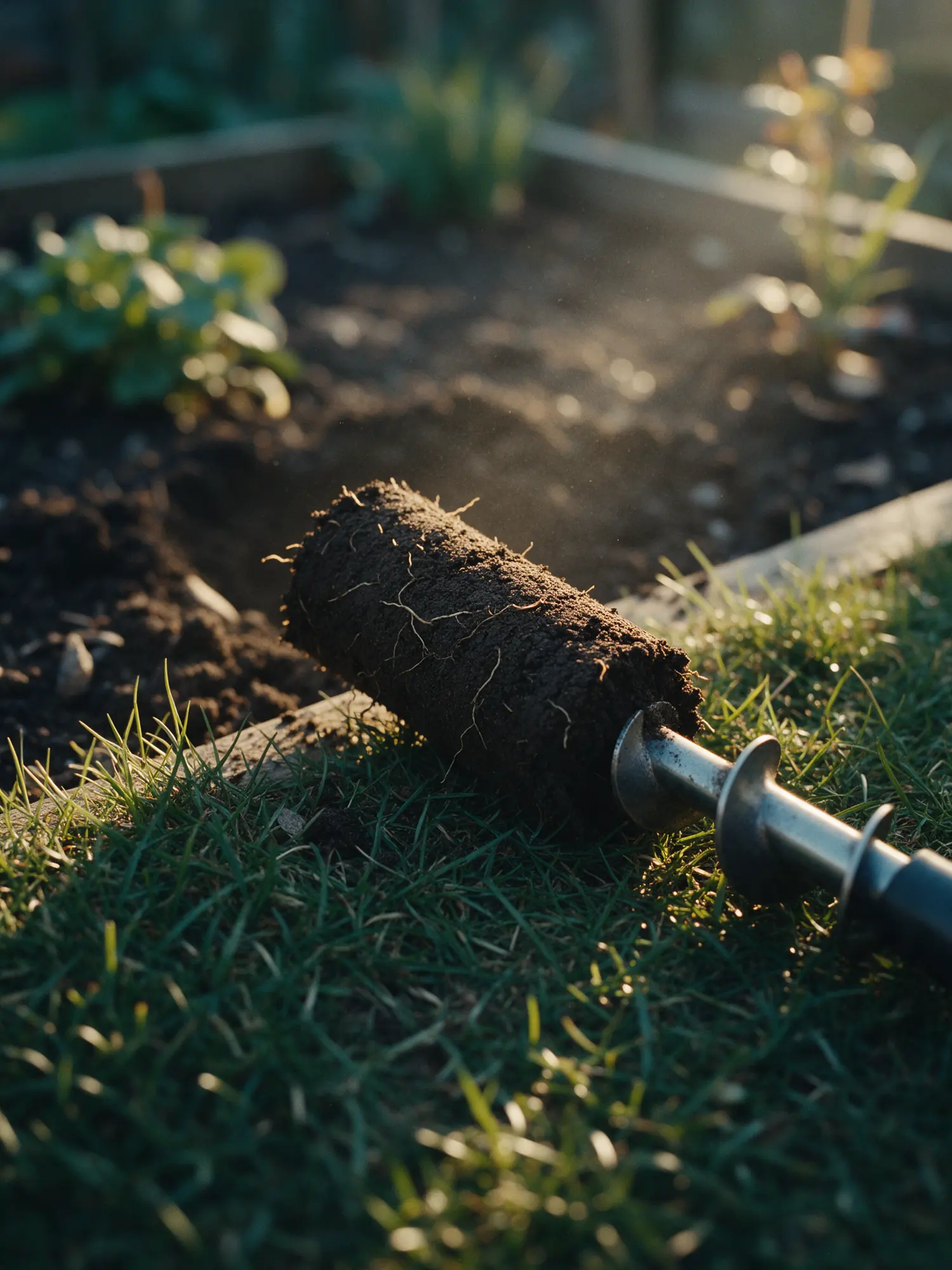 A soil sample core beside a steel soil auger